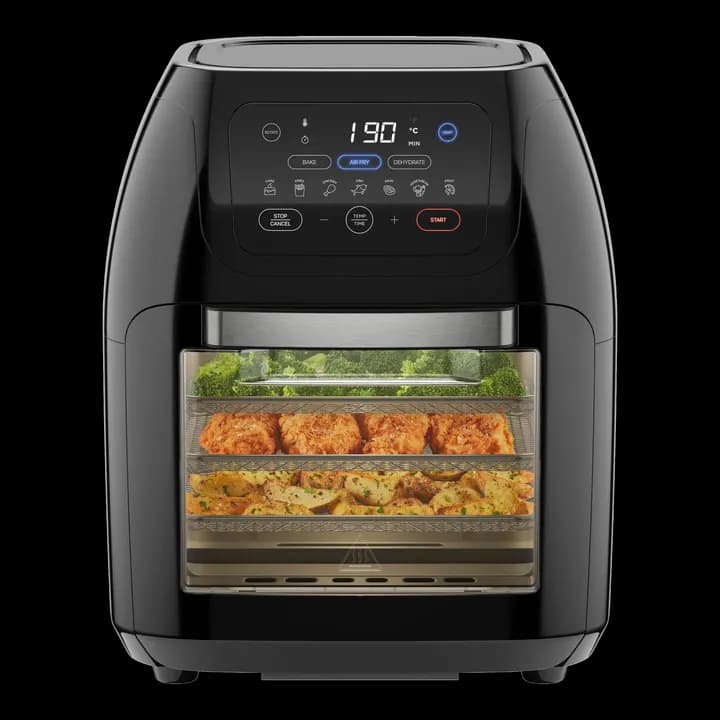 Chefman Multifunktionale Digitale Heißluftfritteuse + Rotisserie, Dörrautomat, Konvektion, 17 Touchscreen-Voreinstellungen, XL 10L Familiengröße, Automatische Abschaltung, Großes Sichtfenster, Schwarz