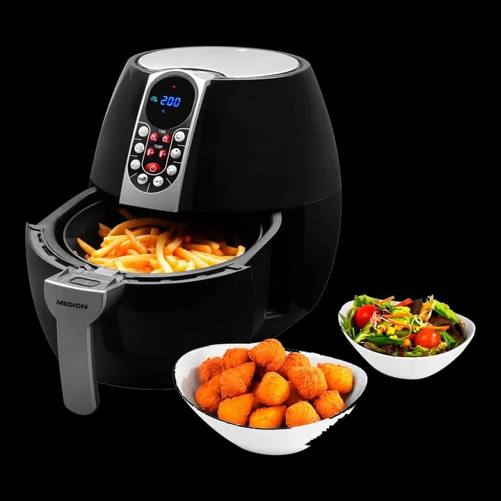 MEDION E10 S Heißluftfritteuse (Leistung ca. 1500 Watt, Airfryer, Digitales Bedienfeld, Nutzinhalt gesamt 4 Liter, Ölfreies Frittieren, 30 Min Timer, Überhitzungsschutz, MD 17320) schwarz