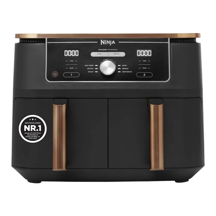 Ninja Foodi MAX Dual Zone Heißluftfritteuse, 9,5L Airfryer, 2 Fächer, mit Zange, Antihaftbeschichtung, spülmaschinenfeste Körbe, 6-in-1, Amazon Exklusiv, Kupfer/Schwarz, AF400EUCP