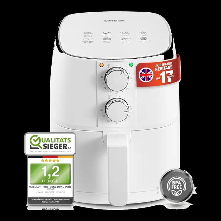 Linsar - Heißluftfritteuse 4L - Airfryer mit Timer und Warmhaltefunktion - Temperatur wählbar - Energiesparender & schneller als Backöfen - 1400 Watt (Weiß)
