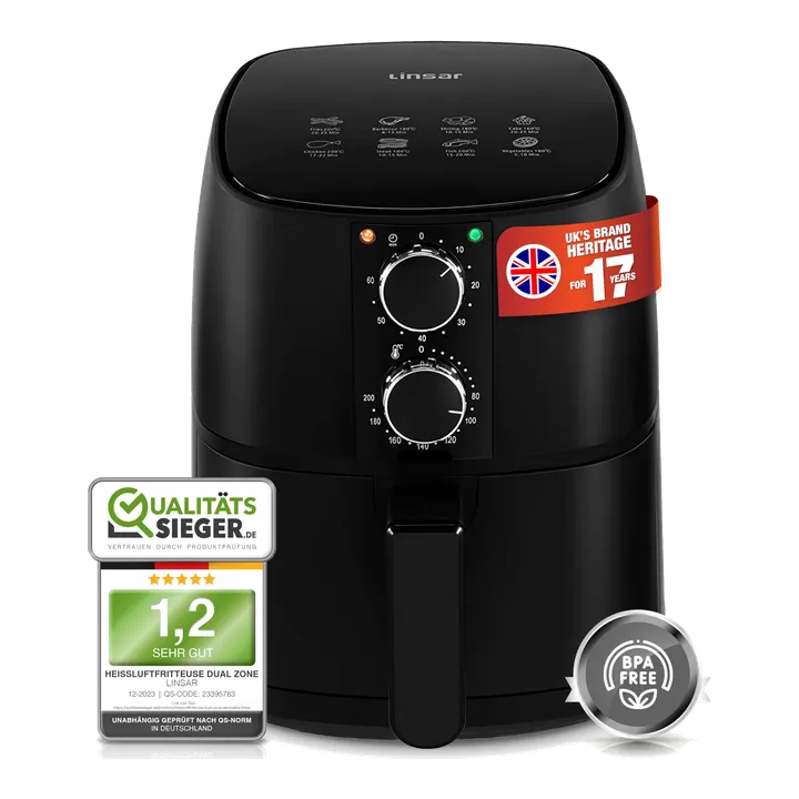 Linsar - Heißluftfritteuse 4L - Airfryer mit Timer und Warmhaltefunktion - Temperatur wählbar - Energiesparender & schneller als Backöfen - 1400 Watt (Schwarz)