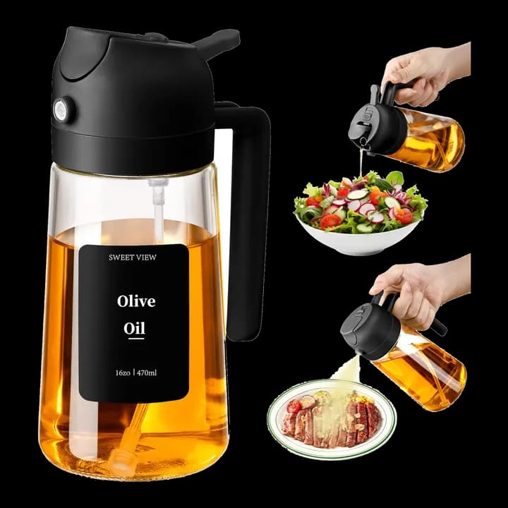 SWEET VIEW 2 in 1 Ölsprüher zum Kochen, 470ml Glasölflaschen/Olivenöl Sprühflasche für Salat, Grillen und Heißluftfritteuse (Schwarz)