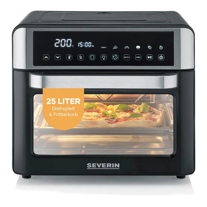 Severin 2-in-1 Toastofen & Heißluftfritteuse, Air-Fryer, 25L, 12 Auto-Programme, 2200W, mit LED-Display, Timer, inkl. Backblech, Grillrost, Frittierkorb, 40-220°C, schwarz-silber, TO 9579