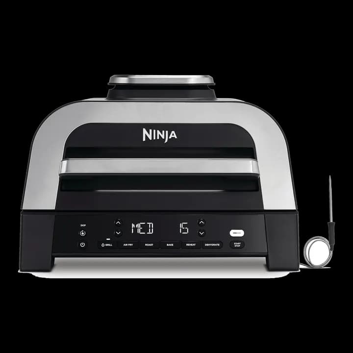 Ninja MAX 6-in-1-Grill & -Heißluftfritteuse für den Innenraum, 6 Kochfunktionen, für bis zu 6 Burger, 3,8-l-Fassungsvermögen, kaum Rauch, enthält digitales Bratthermometer, Grau/Silber, DG551EU