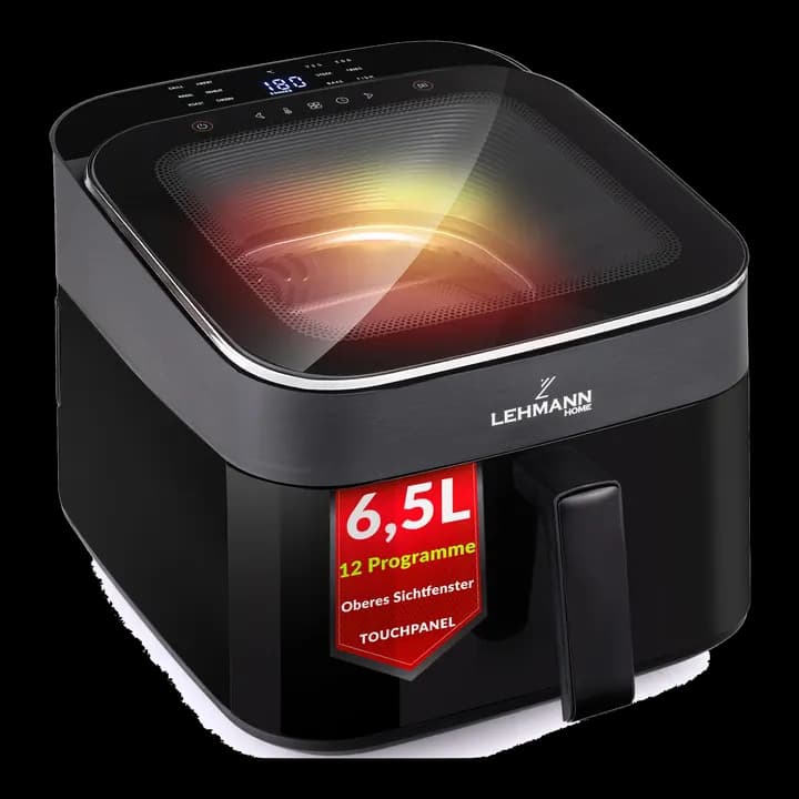 LEHMANN XL Heißluftfritteuse 6,5L, Airfryer mit oberem Panorama-Sichtfenster & Beleuchtung, Touchdisplay, 12 Programme, Rühr-Erinnerung, spülmaschinengeeignete Antihaft-Roste, Familien Air Fryer