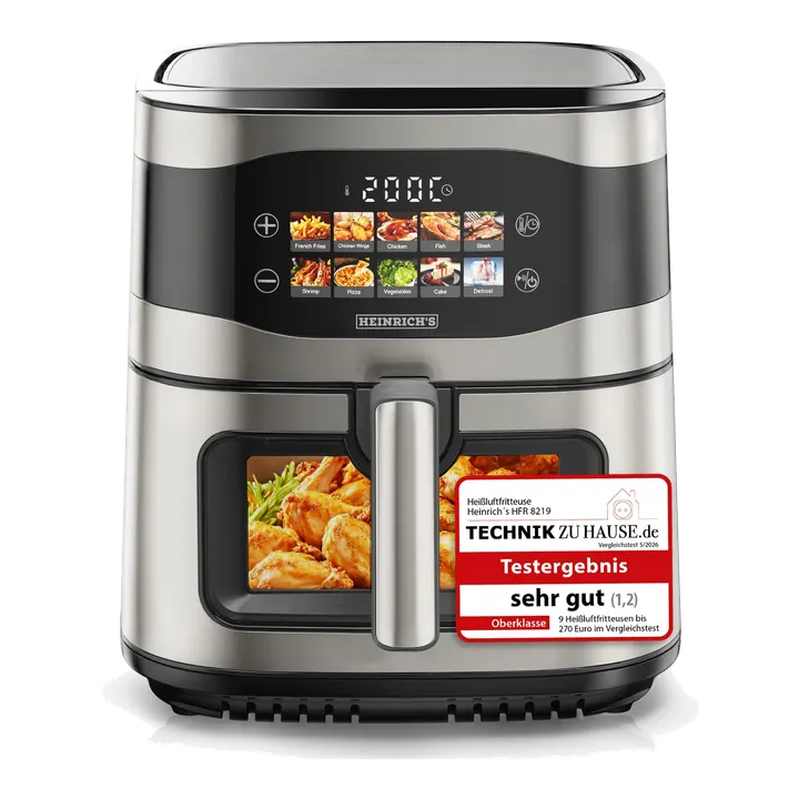 HEINRICHS Heißluftfritteuse, 9 Liter XXL Air Fryer, 10in1 Heißluftfritteuse, LED-Display mit Sensor-Touch Bedienung, fettfreie Zubereitung, inkl. Timer, platzsparend, spülmaschinenfester Korb, 1800W