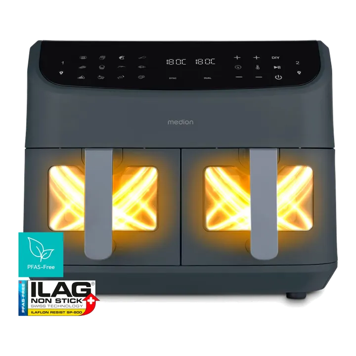MEDION P20 XXL Heißluftfritteuse mit 2 Kammern (8,7 Liter, Airfryer, 2.600 Watt, Doppelkammer, 10 Automatikprogramme, 2 Schubladen, Sichtfenster, Dualer Airfryer, ILAG PFAS-frei, MD11760) matt grau
