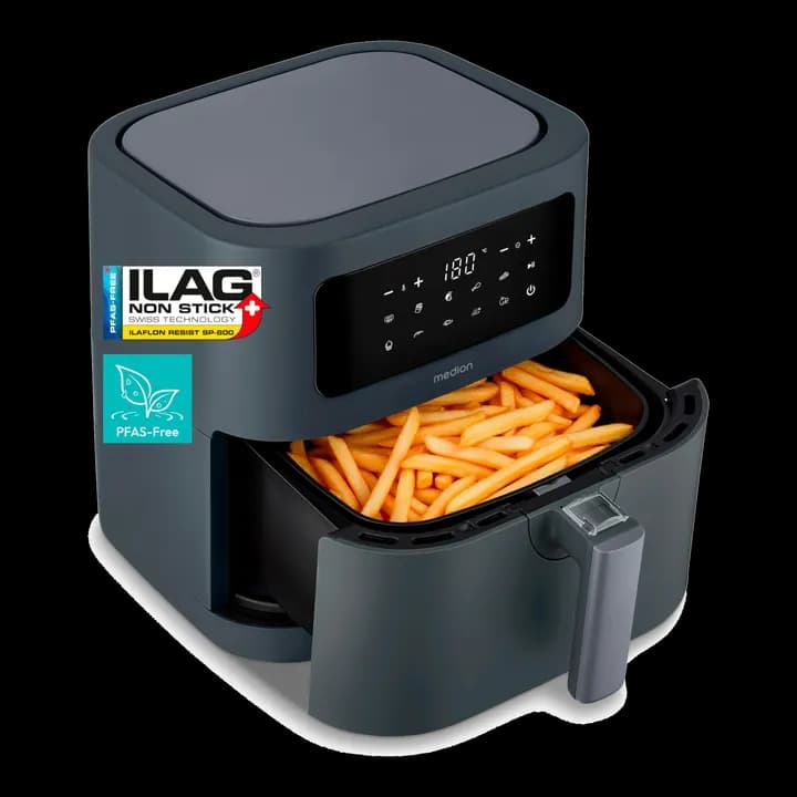 MEDION E40 XL Heißluftfritteuse (5,2 Liter, Airfryer, 2.150 Watt, 9 Automatikprogramme, Backfunktion, ölfreies Frittieren, Touch Bedienfeld, LED Anzeige, ILAG PFAS-frei) matt grau