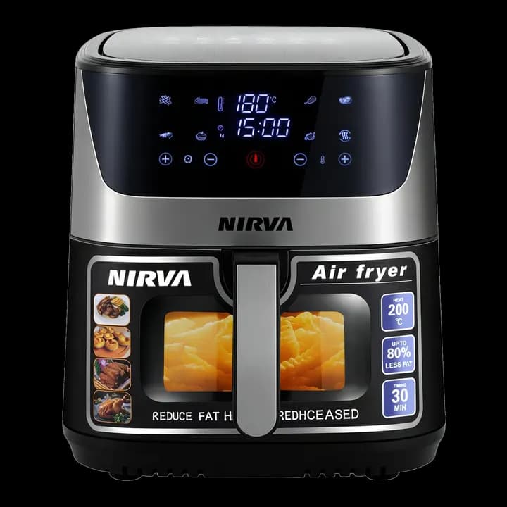 Nirva Heißluftfritteuse 8,5 L, ölfrei, 1700W große Airfryer, Rösten, Backen, Air Fry, Antihaftbeschichtet, Spülmaschinenfester Korb, Sichtfenster, Schwarz/Edelstahl, Für Einzelpersonen oder Familien