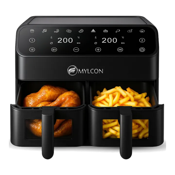 Crispyo Heißluftfritteuse Doppelkammer mit Sichtfenster, 8L (2 x 4L), 10 Programme, Touch-Bedienung, 2000W, 60-200°C, Airfryer Dual Zone, Schwarz, MLC13