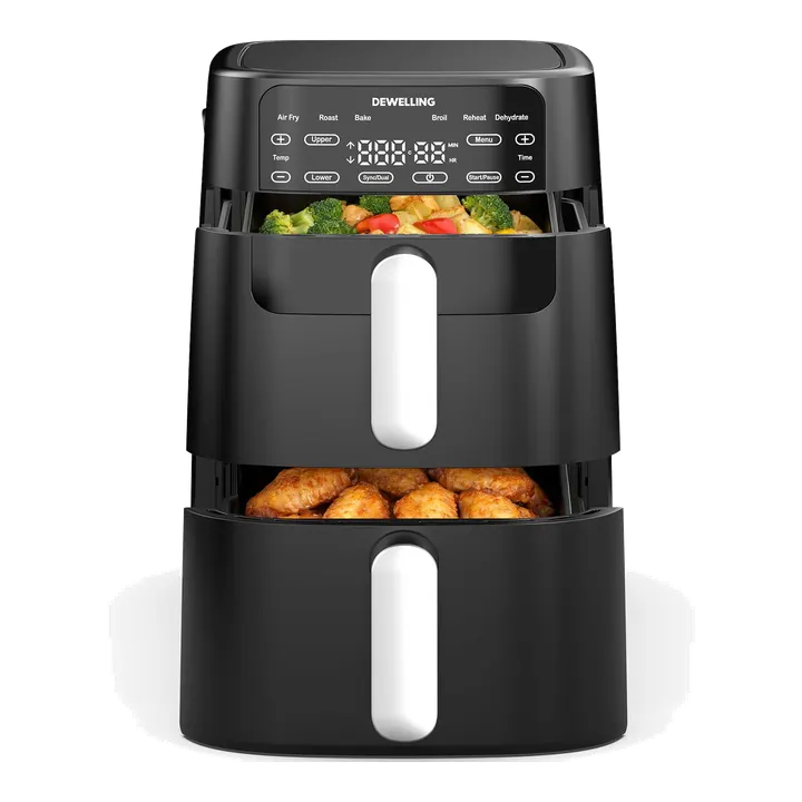 Airfryer 10L Double Stack - 2700W Heißluftfritteuse 2 Kammern, XXL Heissluftfritteuse mit vertikale Doppelkammer, 6-in-1-Funktionen, Max 230°C, PFAS-frei, Spart 50 Prozent Platz, Rezeptbuch