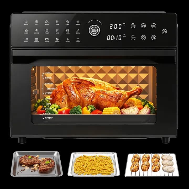 Heißluftfritteuse XXL 30L – Heißluftofen mit Umluft, 18 Programme, 9 Zubehörteile, LED-Touchscreen, Sichtfenster, 1800W, 80-230°C, ohne Öl, inkl. Rezeptbuch