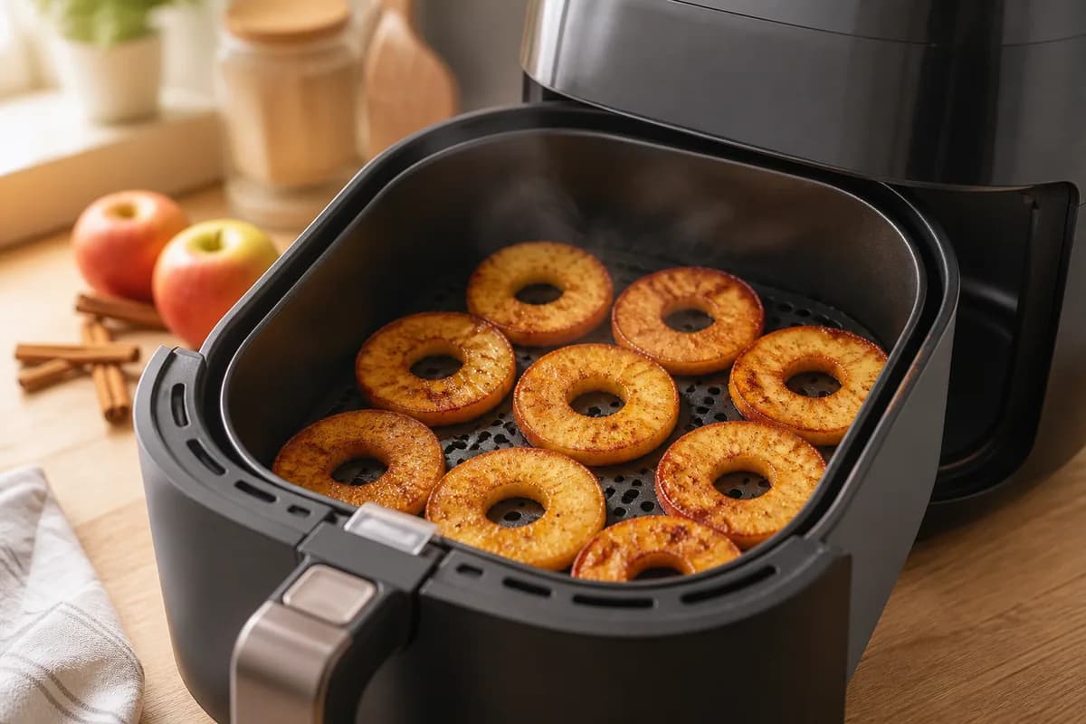 Warme Apfel-Zimt-Ringe im Airfryer-Korb