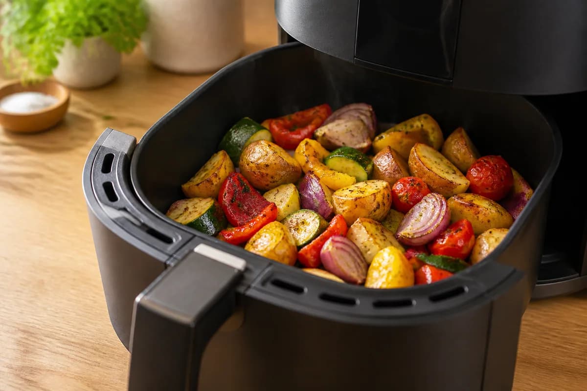 Buntes Airfryer-Ofengemüse im Airfryer-Korb